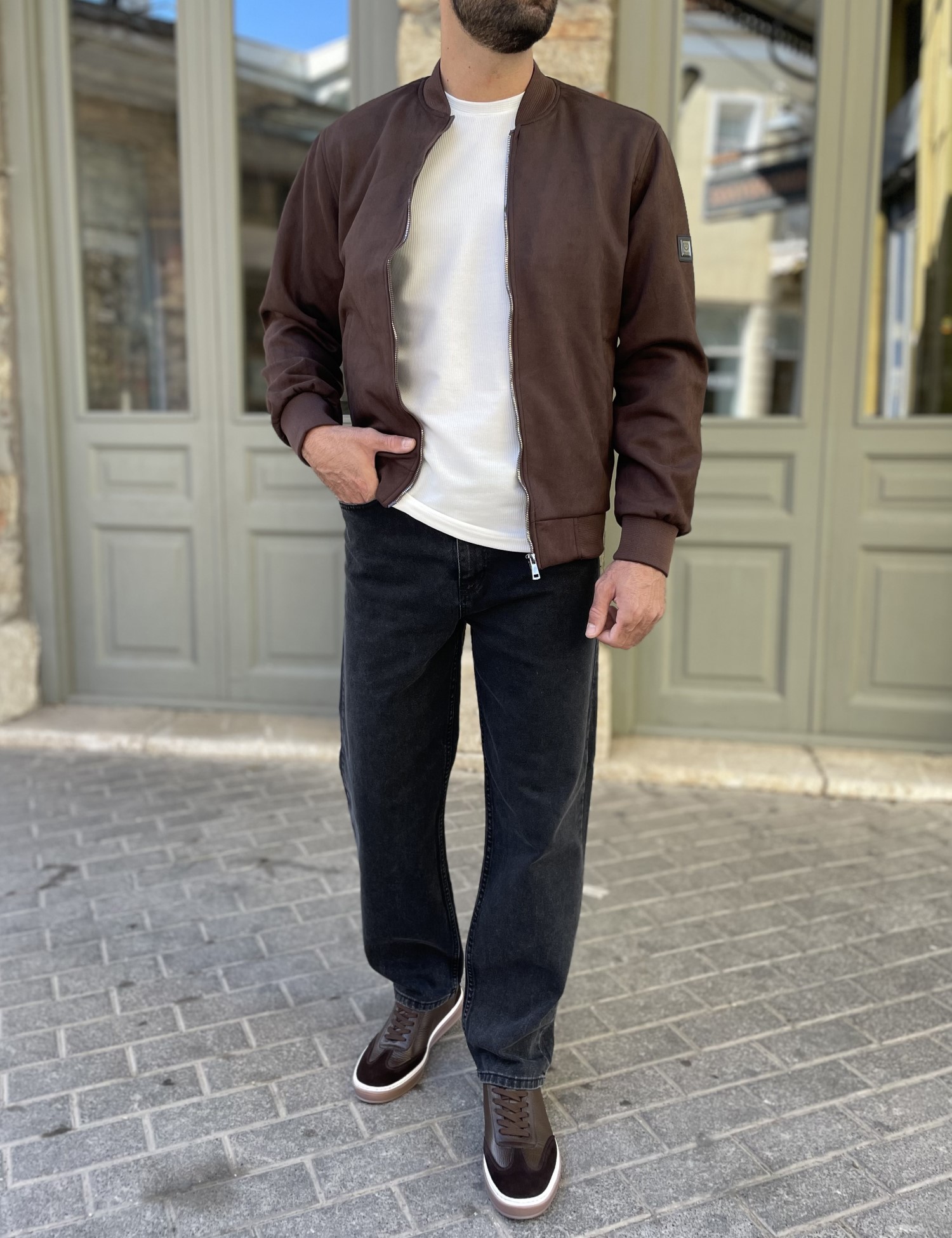 Ανδρικό καφέ σουέτ μπουφάν Bomber HM264049K φωτογραφία